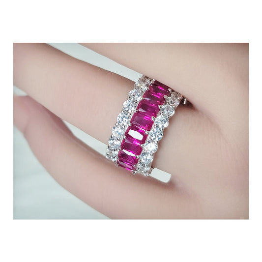 KATHERINE Fuchsia And White CZ Diamond Simulant Three-Row Eternity Ring in Rhodium Over Sterling Silver