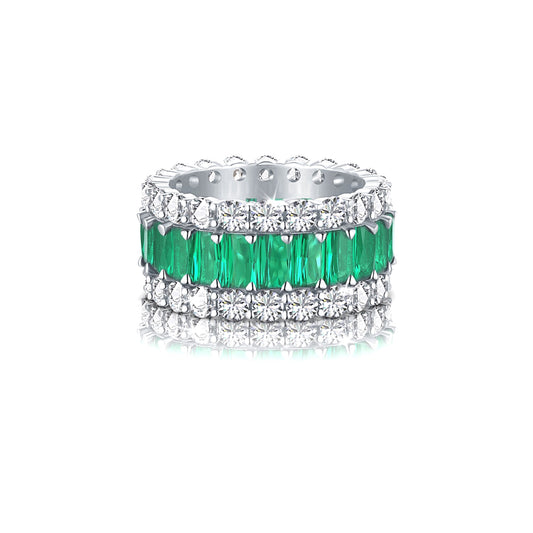 KATHERINE Green And White CZ Diamond Simulant Three-Row Eternity Ring in Rhodium Over Sterling Silver
