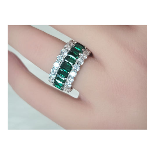 KATHERINE Green And White CZ Diamond Simulant Three-Row Eternity Ring in Rhodium Over Sterling Silver