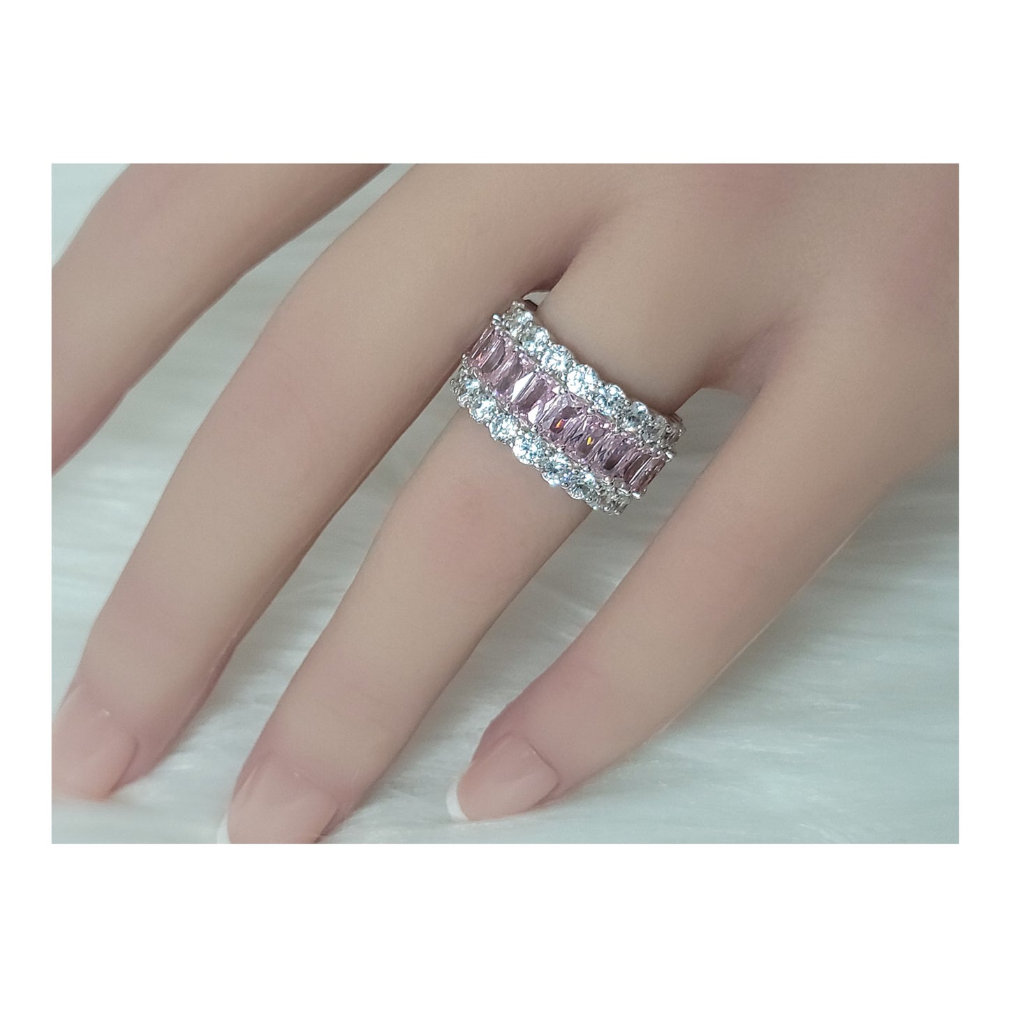 KATHERINE Pink And White CZ Diamond Simulant Three-Row Eternity Ring in Rhodium Over Sterling Silver