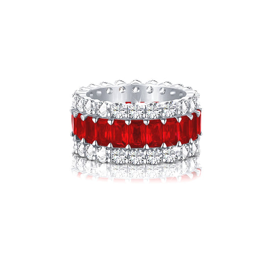 KATHERINE Red And White CZ Diamond Simulant Three-Row Eternity Ring in Rhodium Over Sterling Silver