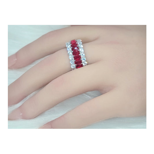 KATHERINE Red And White CZ Diamond Simulant Three-Row Eternity Ring in Rhodium Over Sterling Silver