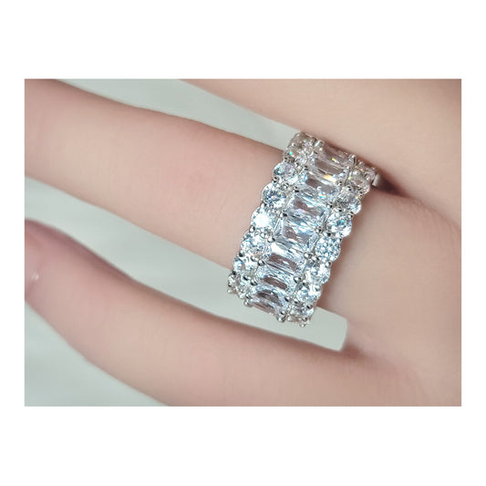 KATHERINE White CZ Diamond Simulant Three-Row Eternity Ring in Rhodium Over Sterling Silver
