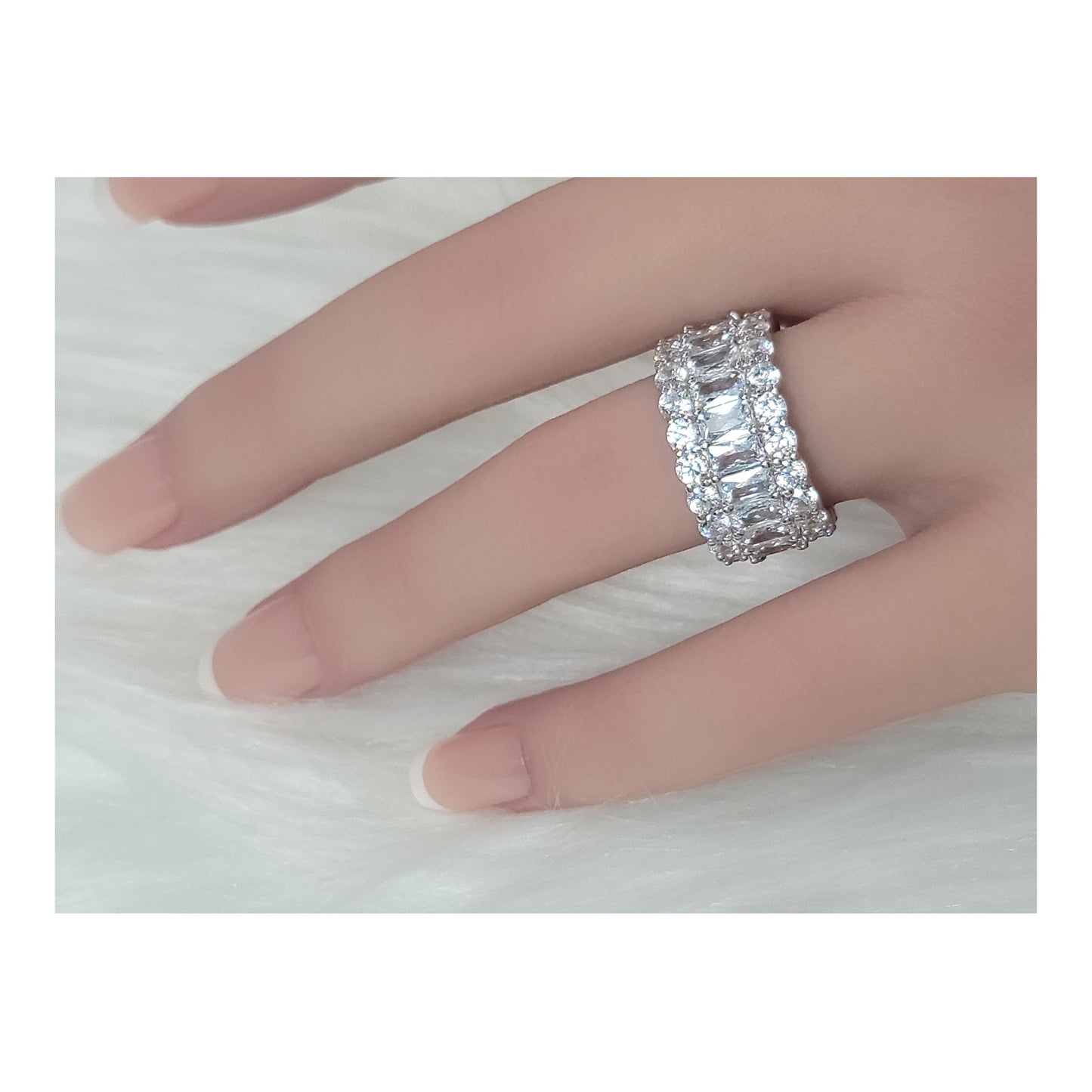 KATHERINE White CZ Diamond Simulant Three-Row Eternity Ring in Rhodium Over Sterling Silver