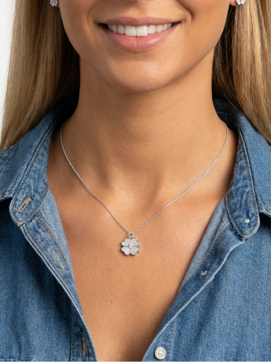 KARI Heart Shaped Four-Leaf Clover Pendant Necklace in Rhodium Over Sterling Silver
