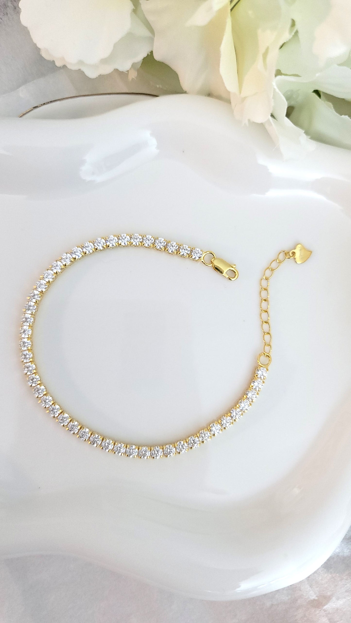 KATE 3MM White CZ Diamond Simulant Tennis Bracelet 18K Gold Over Sterling Silver