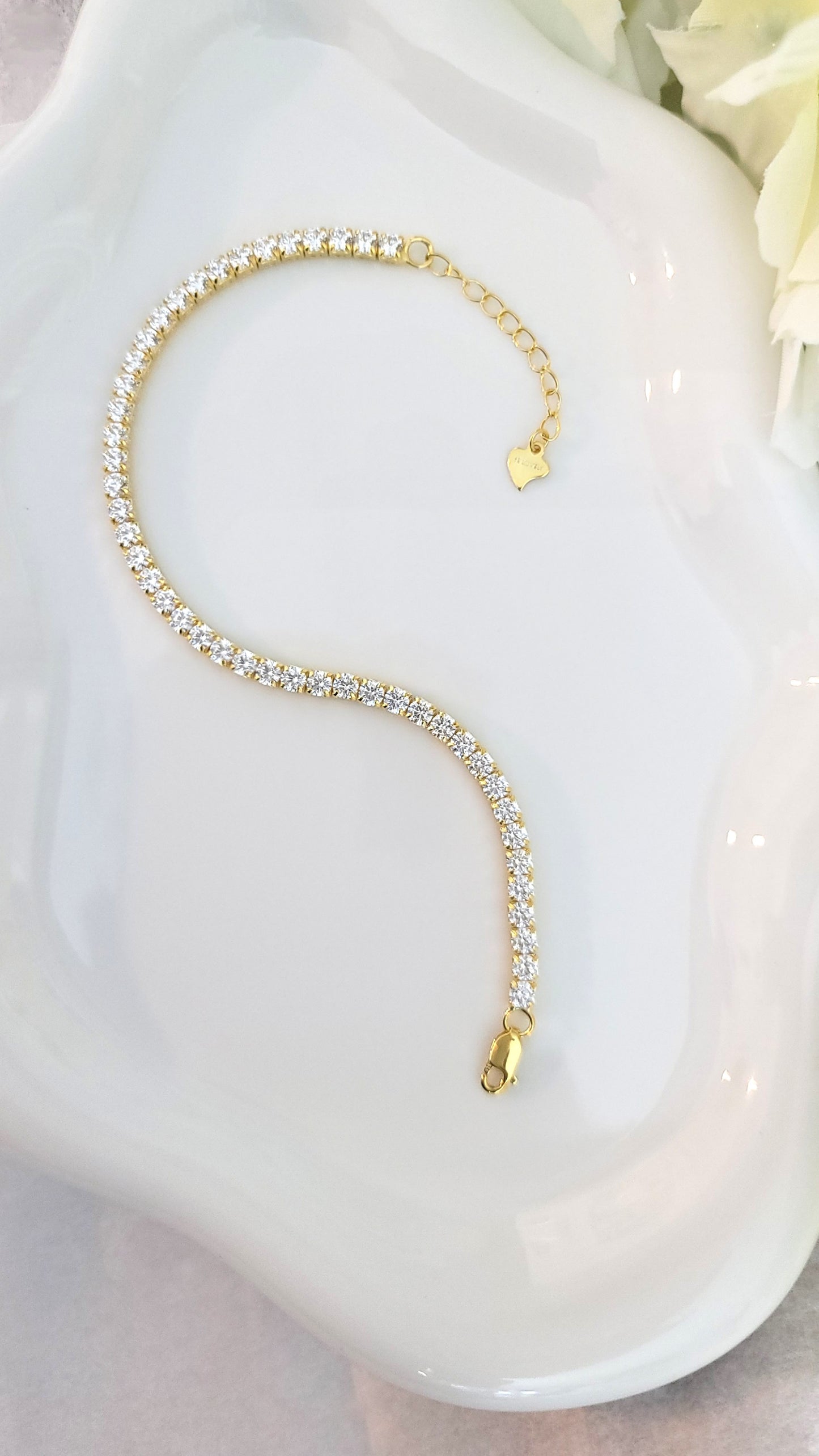 KATE 3MM White CZ Diamond Simulant Tennis Bracelet 18K Gold Over Sterling Silver