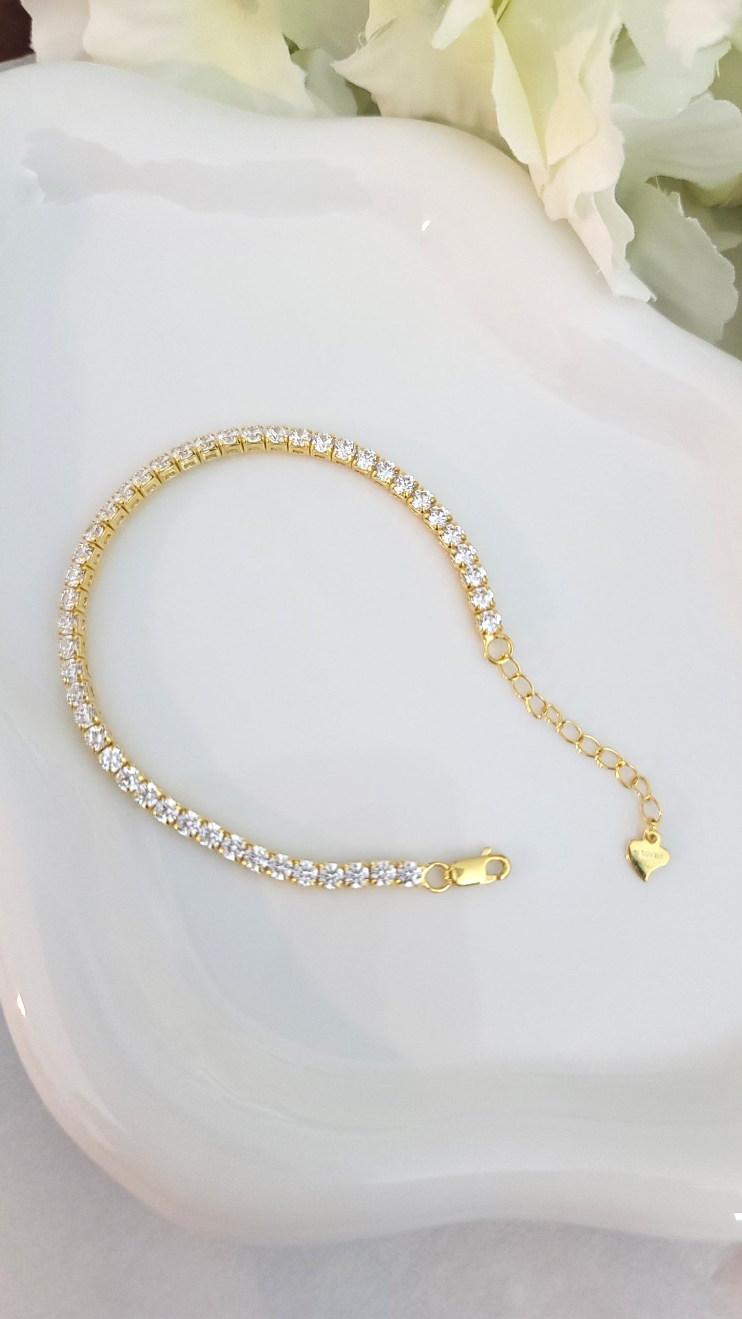 KATE 3MM White CZ Diamond Simulant Tennis Bracelet 18K Gold Over Sterling Silver