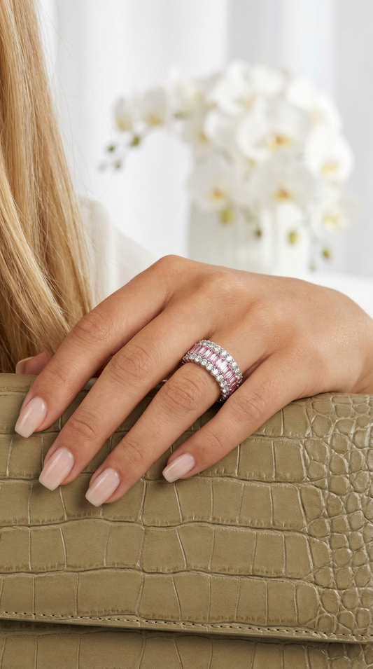 KATHERINE Pink And White CZ Diamond Three-Row Eternity Ring in Rhodium Over Sterling Silver