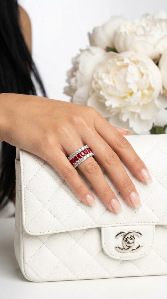 KATHERINE Red And White CZ Diamond Three-Row Eternity Ring in Rhodium Over Sterling Silver