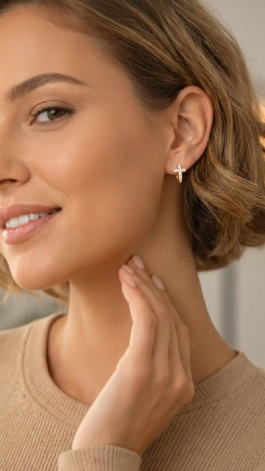 LARA White CZ Diamond Mini Cross Hoop Earrings 18K Gold Over Sterling Silver