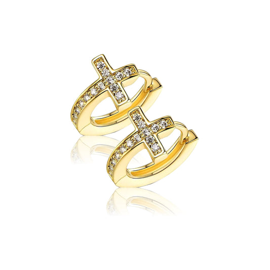 LARA White CZ Diamond Simulant Mini Cross Hoop Earrings 18K Gold Over Sterling Silver