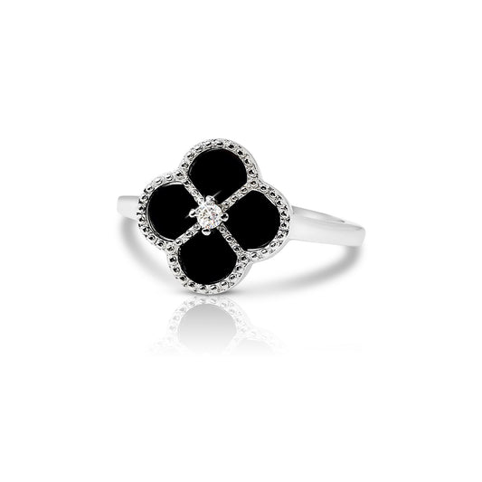 LEAH Black Onyx Four-Leaf Clover Adjustable Ring in Rhodium Over Sterling Silver
