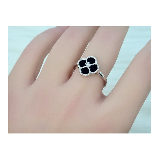 LEAH Black Onyx Four-Leaf Clover Adjustable Ring in Rhodium Over Sterling Silver