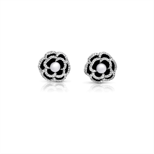 LILIAN Pearl Crystal Flower Earrings in Rhodium Over Sterling Silver