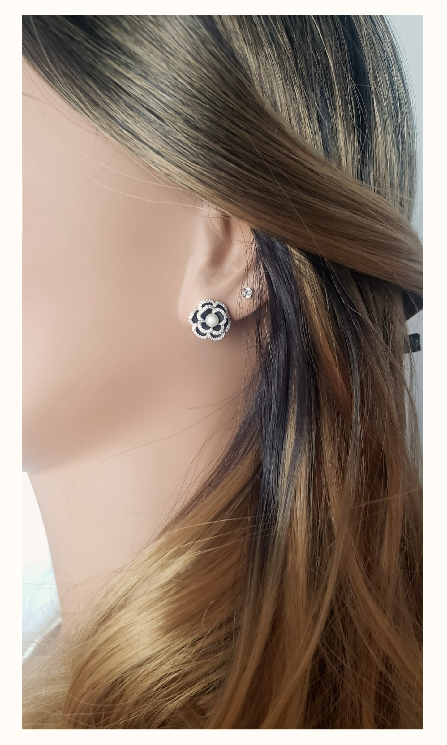 LILIAN Pearl Crystal Flower Earrings in Rhodium Over Sterling Silver