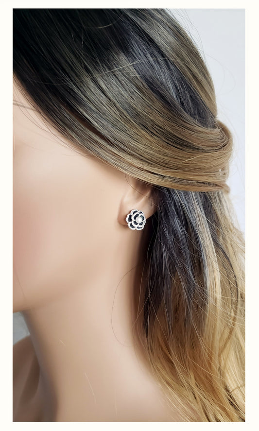 LILIAN Pearl Crystal Flower Earrings in Rhodium Over Sterling Silver