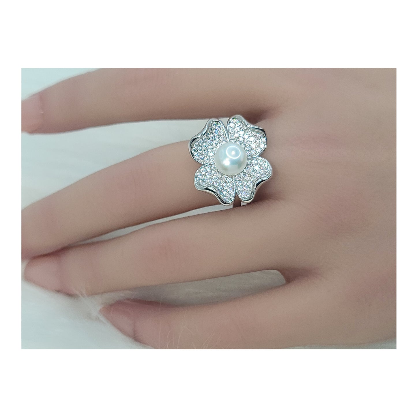 LILY Pearl And White CZ Diamond Simulant Flower Ring in Rhodium Over Sterling Silver