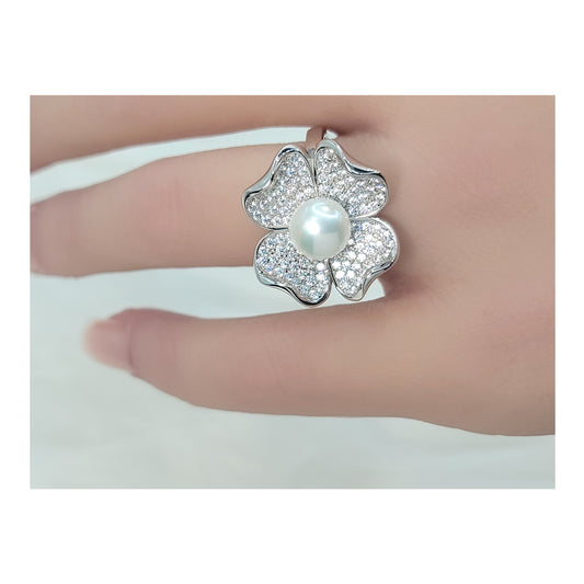 LILY Pearl And White CZ Diamond Simulant Flower Ring in Rhodium Over Sterling Silver