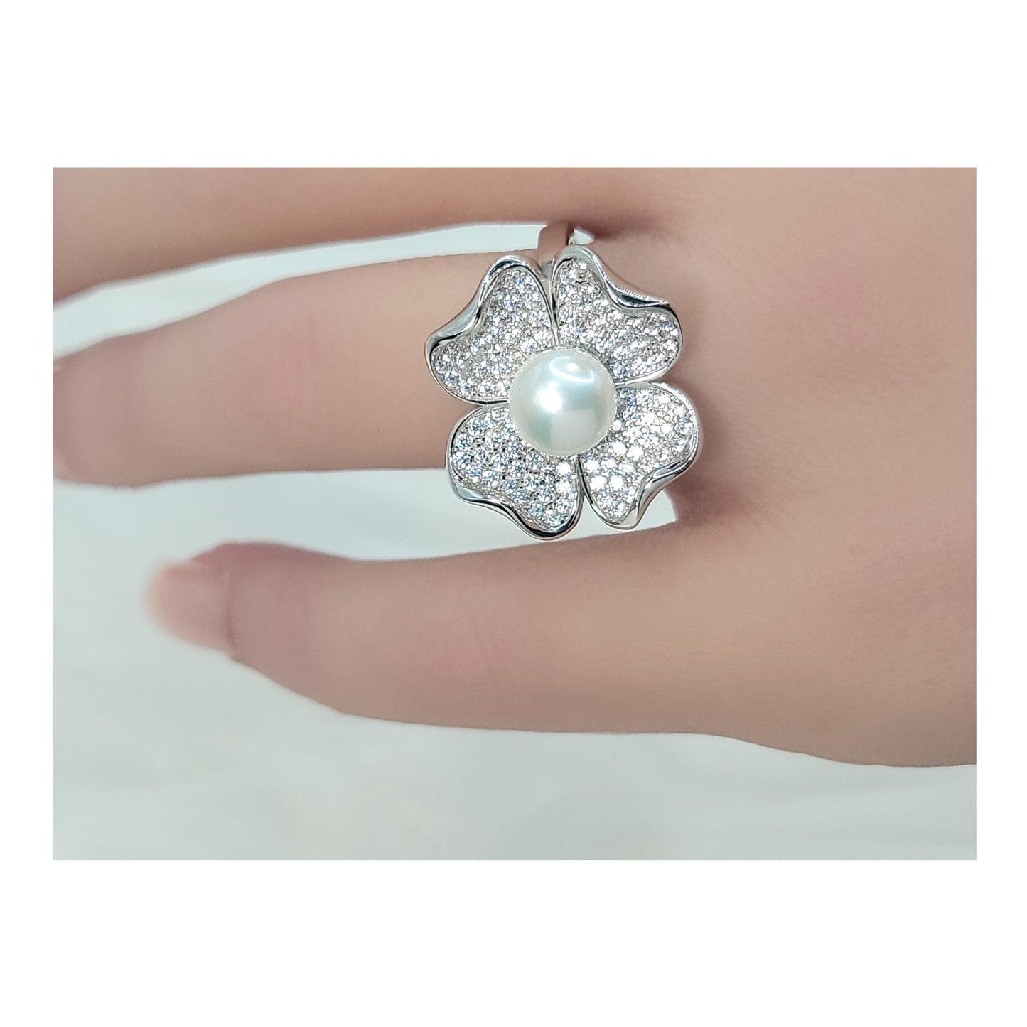 LILY Pearl And White CZ Diamond Flower Ring in Rhodium Over Sterling Silver