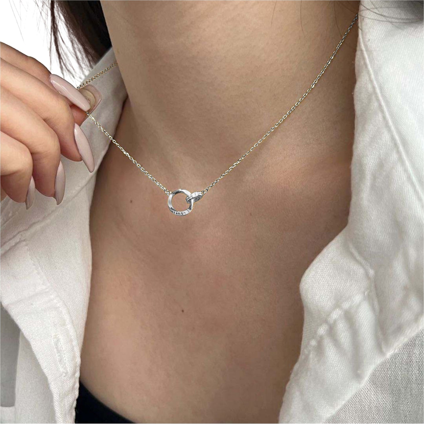 LOVELY Engraved Interlocking Circles Necklace in Rhodium Over Sterling Silver