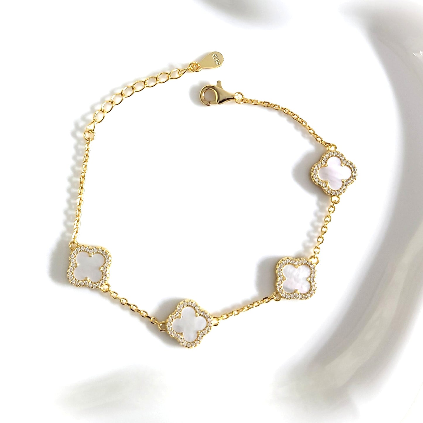 LAURA Four-Leaf Clover CZ Pearl Bracelet 18K Gold Over Sterling Silver