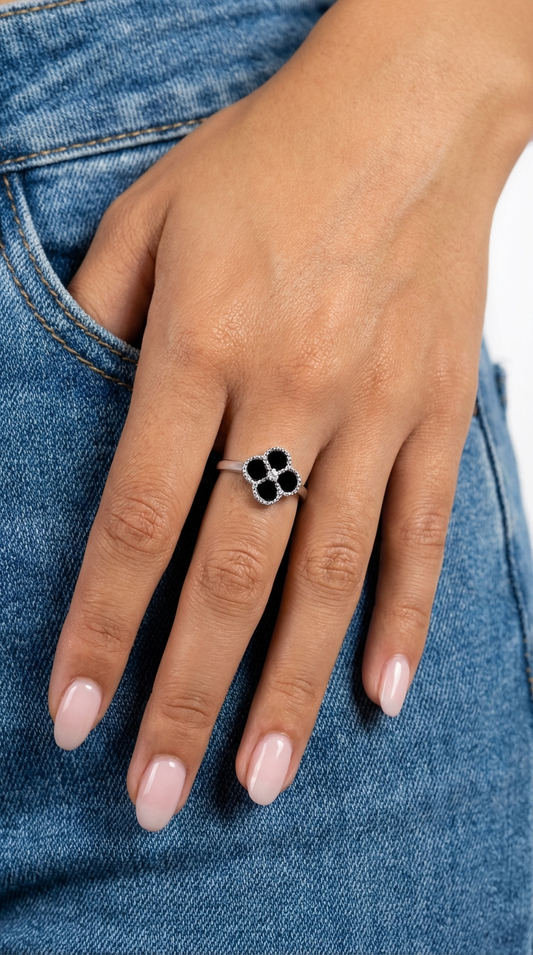 LEAH Black Onyx Four-Leaf Clover Adjustable Ring in Rhodium Over Sterling Silver