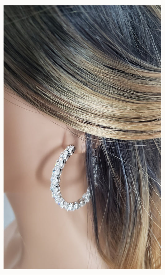 MAËVA 40MM White CZ Diamond Simulant Hoop Earrings in Rhodium Over Sterling Silver