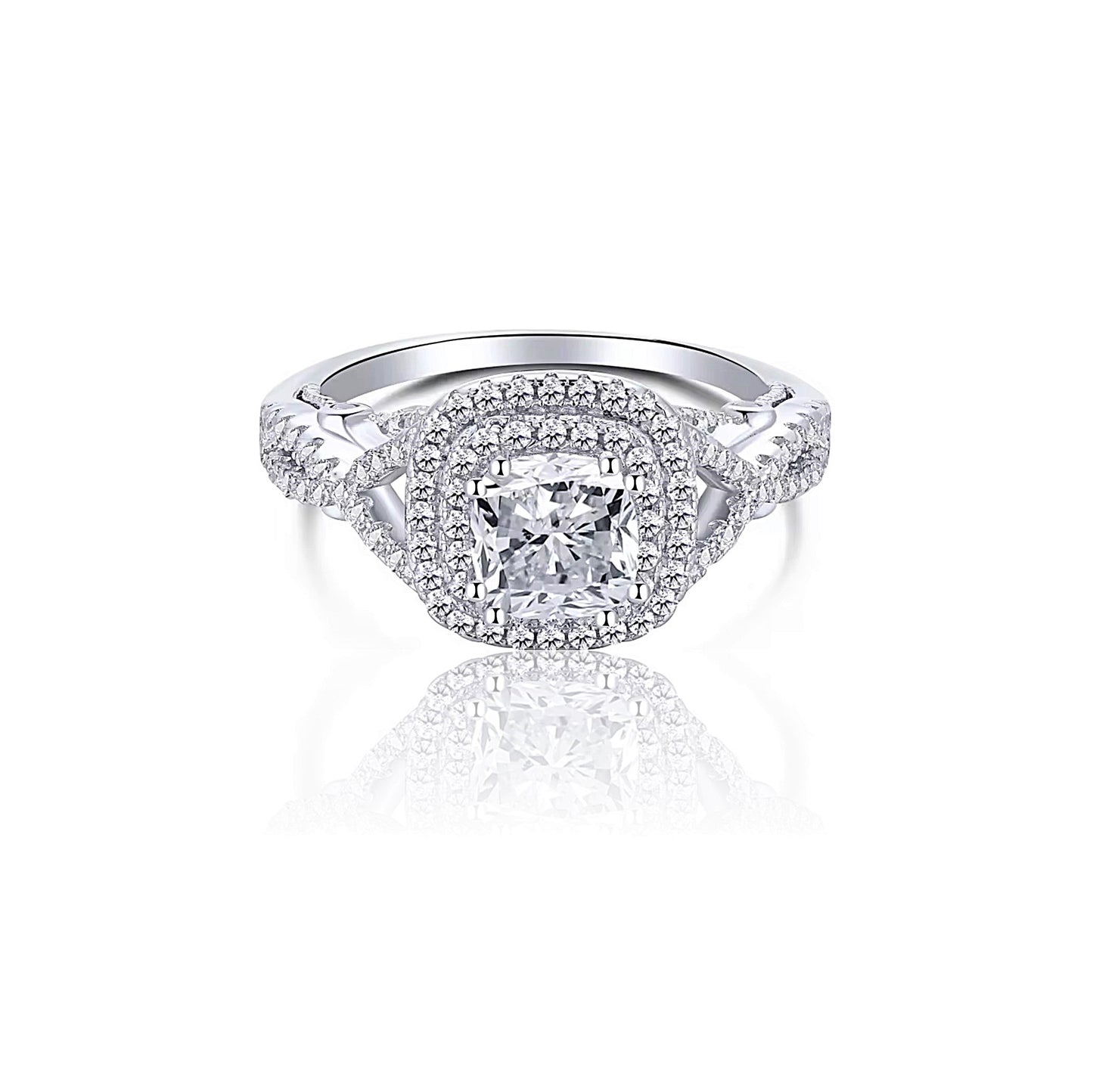 MAGGIE White CZ Diamond Simulant Double Halo Ring in Rhodium Over Sterling Silver