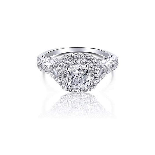 MAGGIE White CZ Diamond Simulant Double Halo Ring in Rhodium Over Sterling Silver
