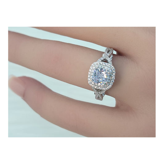 MAGGIE White CZ Diamond Simulant Double Halo Ring in Rhodium Over Sterling Silver