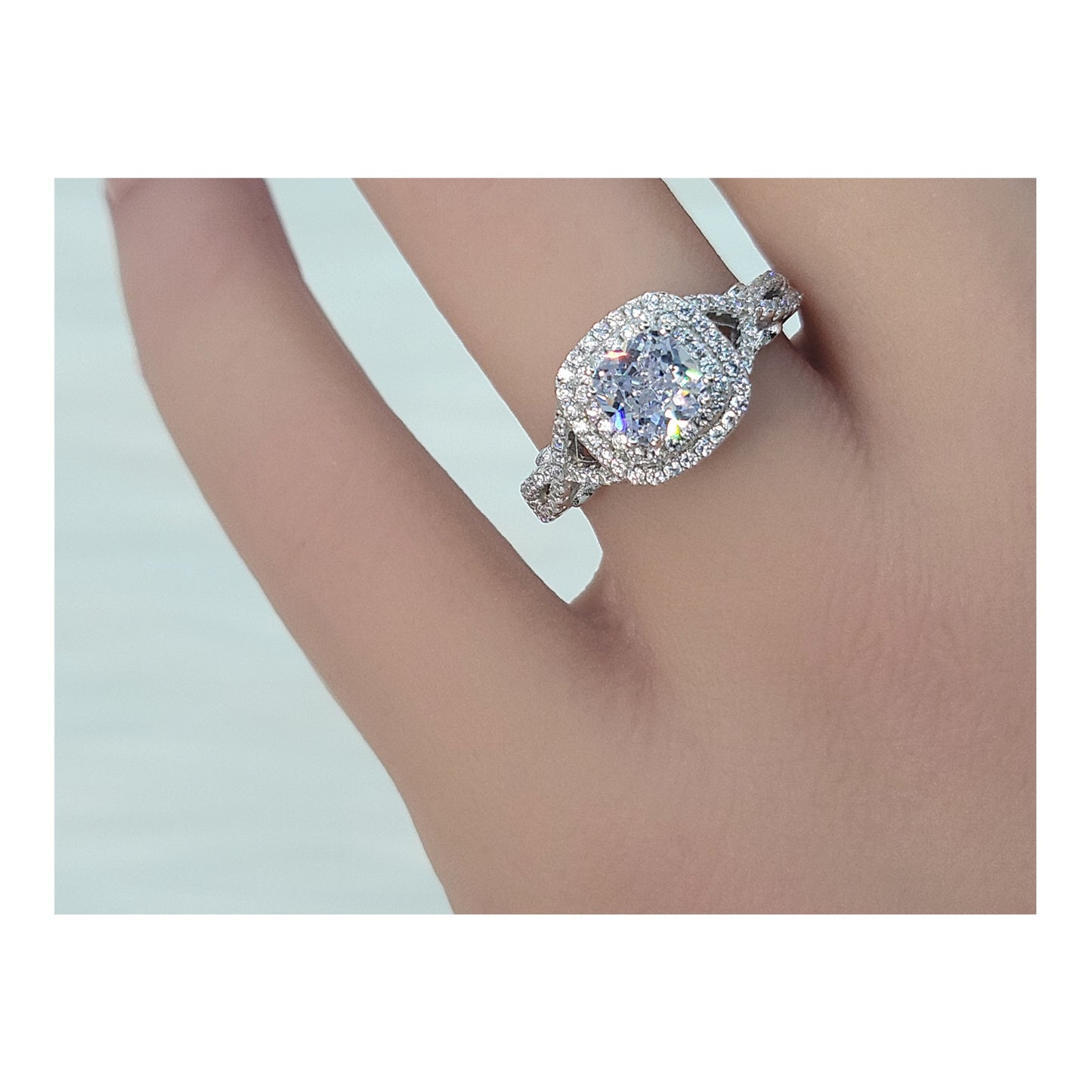 MAGGIE White CZ Diamond Simulant Double Halo Ring in Rhodium Over Sterling Silver