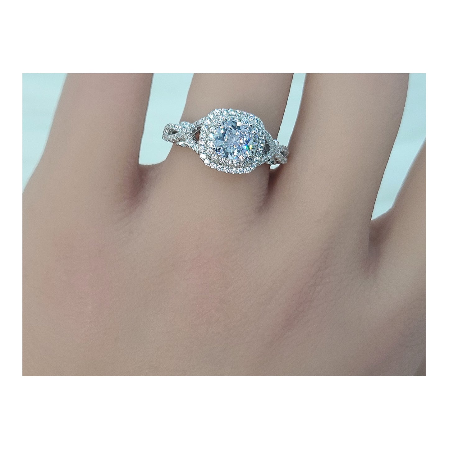 MAGGIE White CZ Diamond Simulant Double Halo Ring in Rhodium Over Sterling Silver