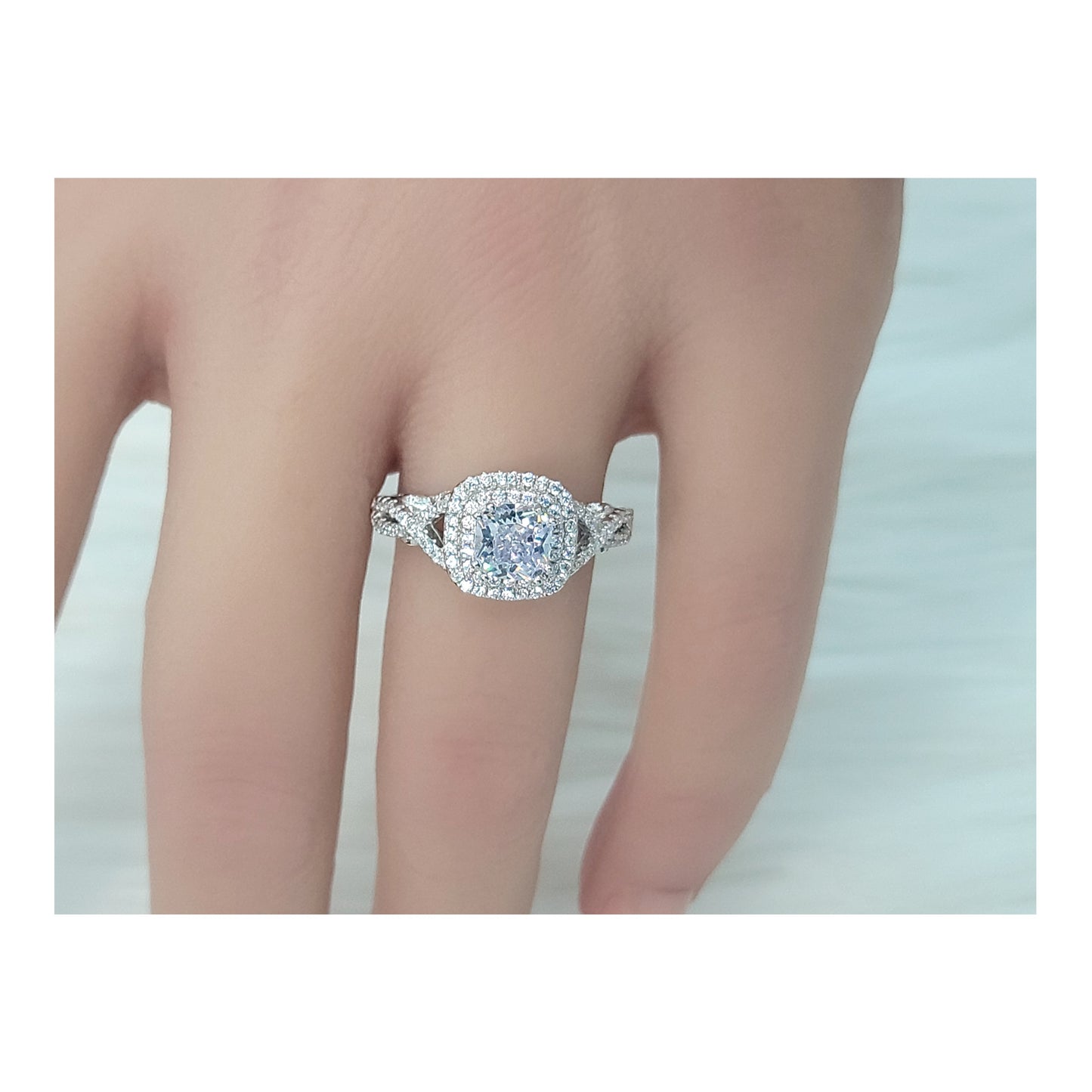 MAGGIE White CZ Diamond Simulant Double Halo Ring in Rhodium Over Sterling Silver