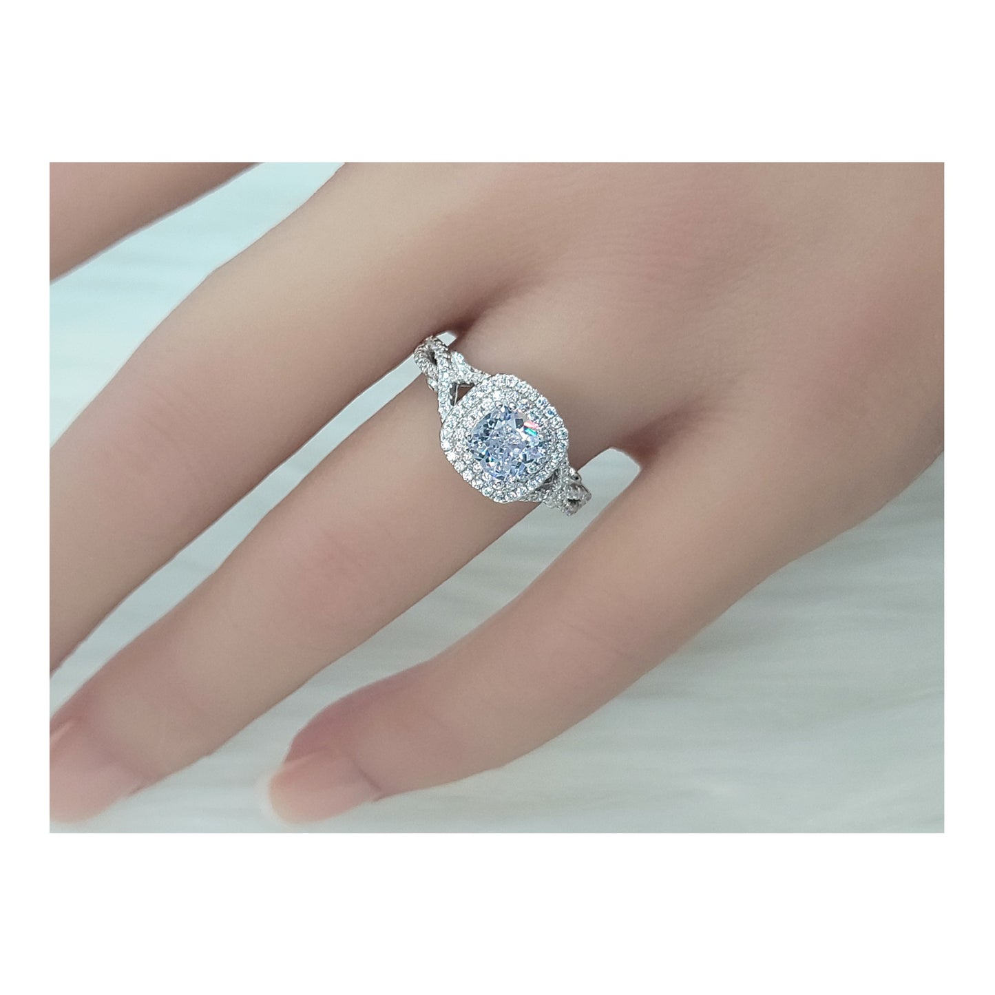 MAGGIE White CZ Diamond Simulant Double Halo Ring in Rhodium Over Sterling Silver