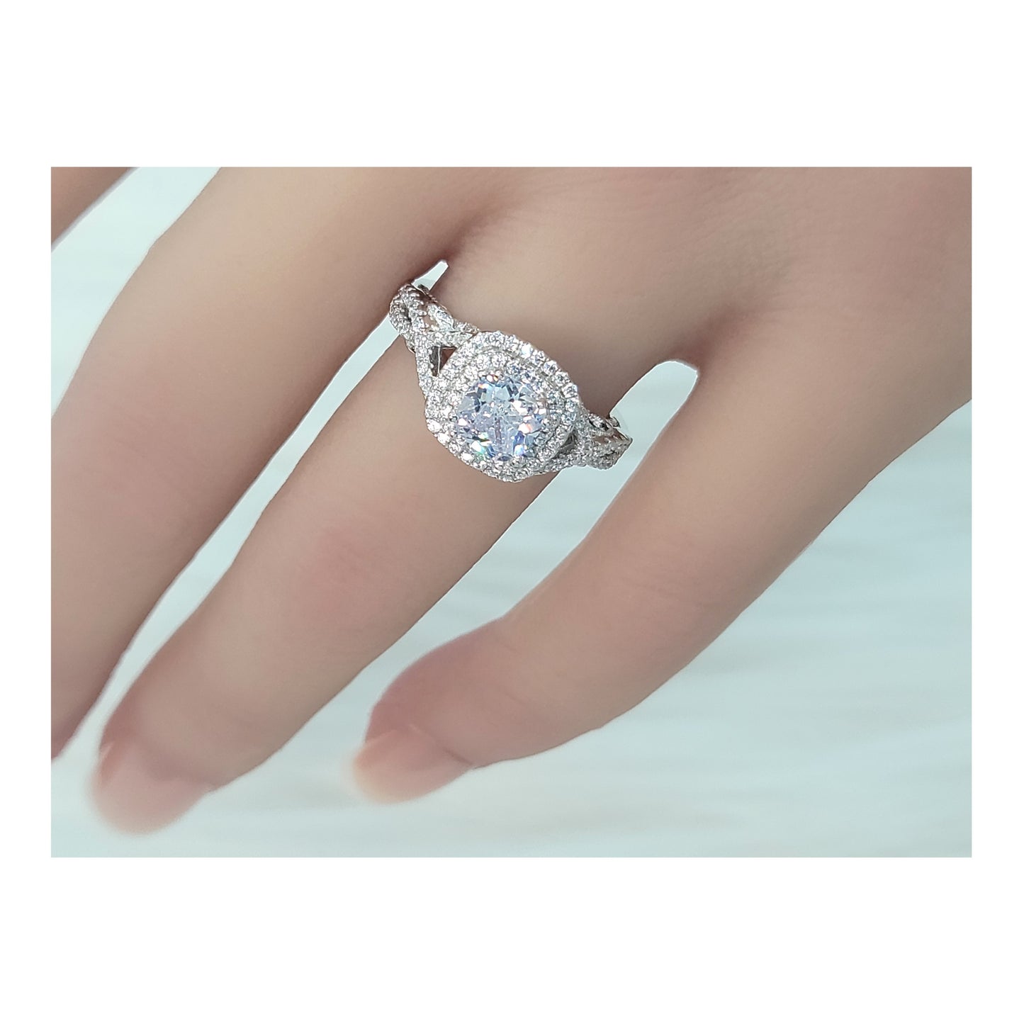 MAGGIE White CZ Diamond Simulant Double Halo Ring in Rhodium Over Sterling Silver