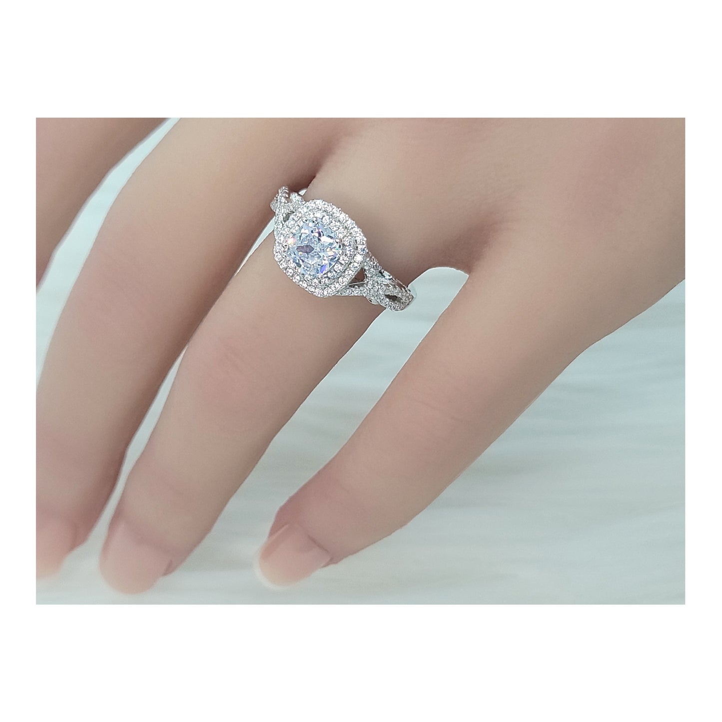 MAGGIE White CZ Diamond Simulant Double Halo Ring in Rhodium Over Sterling Silver