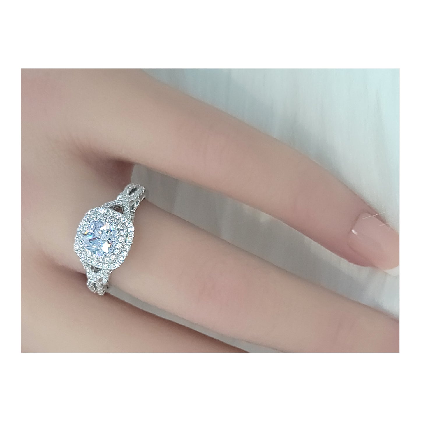 MAGGIE White CZ Diamond Simulant Double Halo Ring in Rhodium Over Sterling Silver