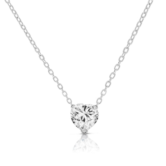 MARIE Heart Solitaire White CZ Diamond Simulant Pendant Necklace in Rhodium Over Sterling Silver