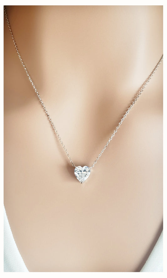MARIE Heart Solitaire White CZ Diamond Simulant Pendant Necklace in Rhodium Over Sterling Silver