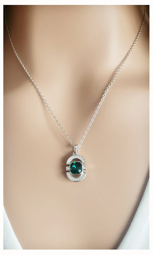 MELODY Emerald Green Crystal Pendant Necklace in Rhodium Over Sterling Silver