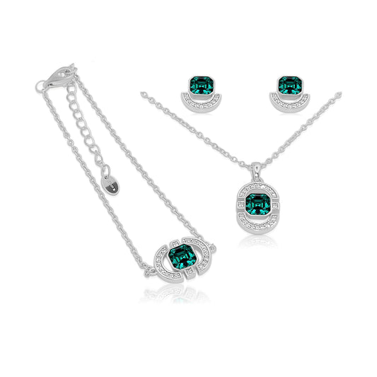 MELODY Emerald Green Crystal Bracelet, Earrings, Necklace Set in Rhodium Over Sterling Silver