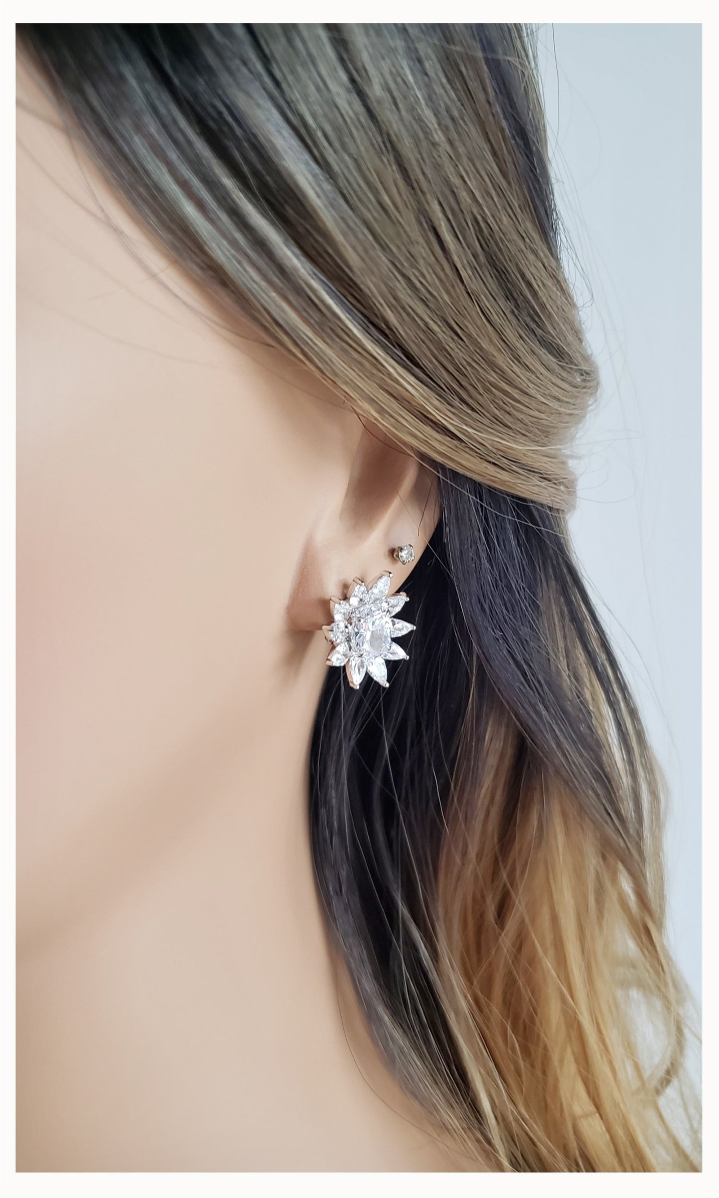 MILANIA Flower Cluster White CZ Diamond Simulant Earrings in Rhodium Over Sterling Silver