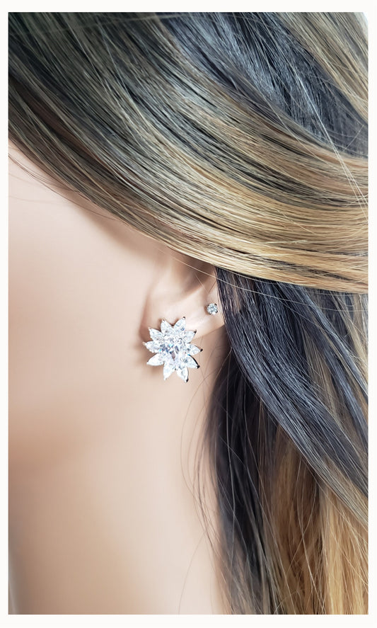 MILANIA Flower Cluster White CZ Diamond Simulant Earrings in Rhodium Over Sterling Silver