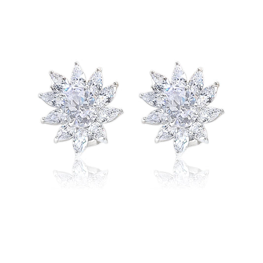 MILANIA Flower Cluster White CZ Diamond Simulant Earrings in Rhodium Over Sterling Silver