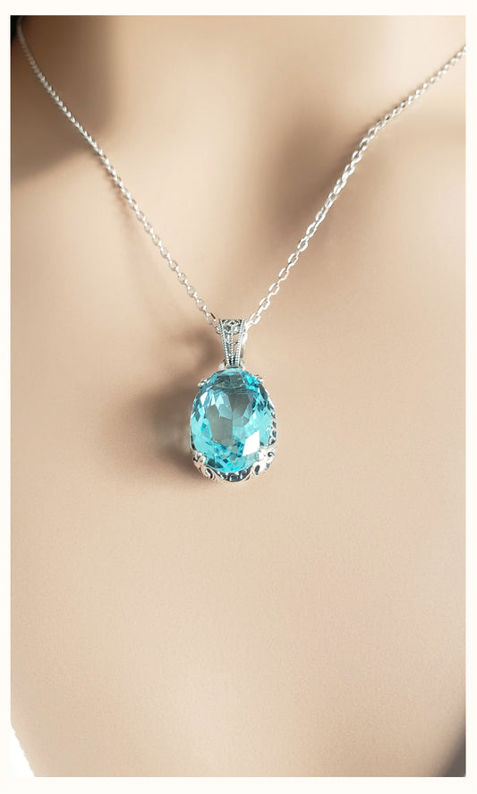 MOLLY Aquamarine Pendant Necklace in Rhodium Over Sterling Silver