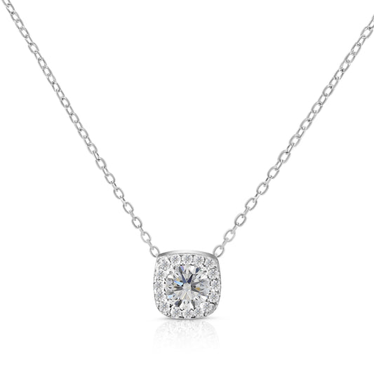 MONIQUE Square Solitaire White CZ Diamond Simulant Necklace in Rhodium Over Sterling Silver