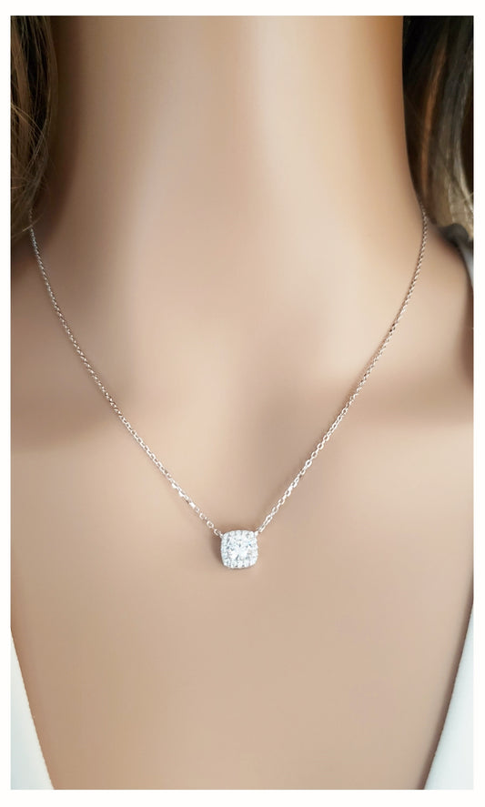 MONIQUE Square Solitaire White CZ Diamond Simulant Necklace in Rhodium Over Sterling Silver