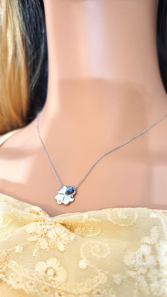 VANESSA Austrian Blue Crystal Heart Clover Pendant Necklace in Rhodium Over Sterling Silver