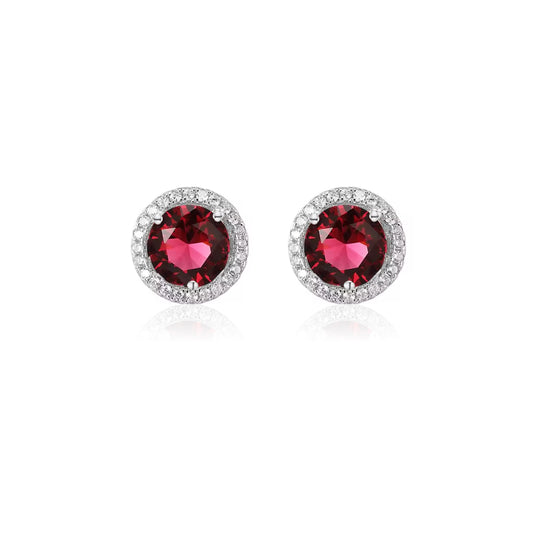 MYRLENE Lab-Created Round Halo Ruby and White CZ Diamond Simulant Stud Earrings in Rhodium Over Sterling Silver